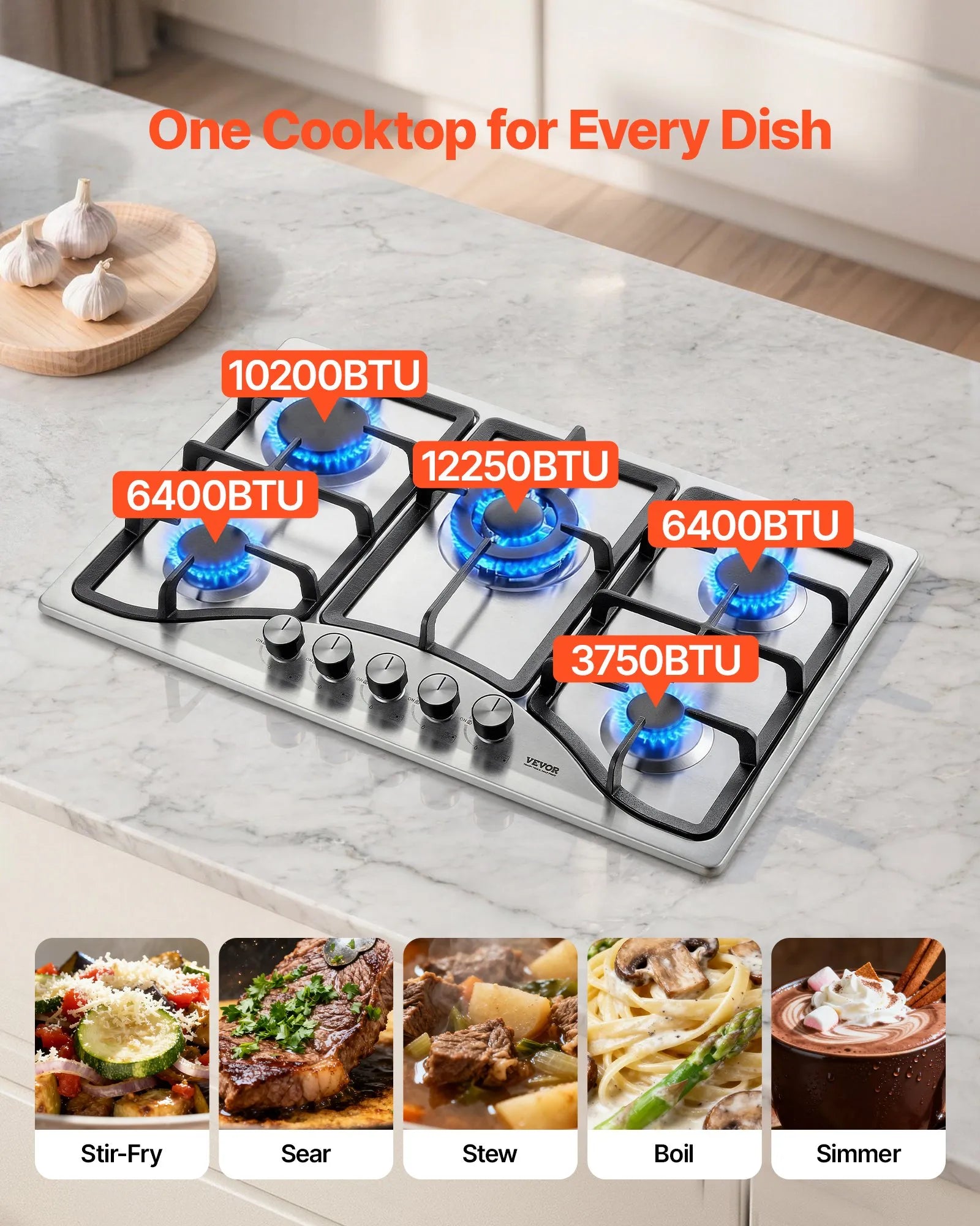 VEVOR Gas Cooktop 30 inch, Max 12250BTU 5 Burners Built-in Stainless Steel Gas Stove Top, LPG/NG Convertible Dual Fuel Natural Gas Hob with Thermocouple Protection