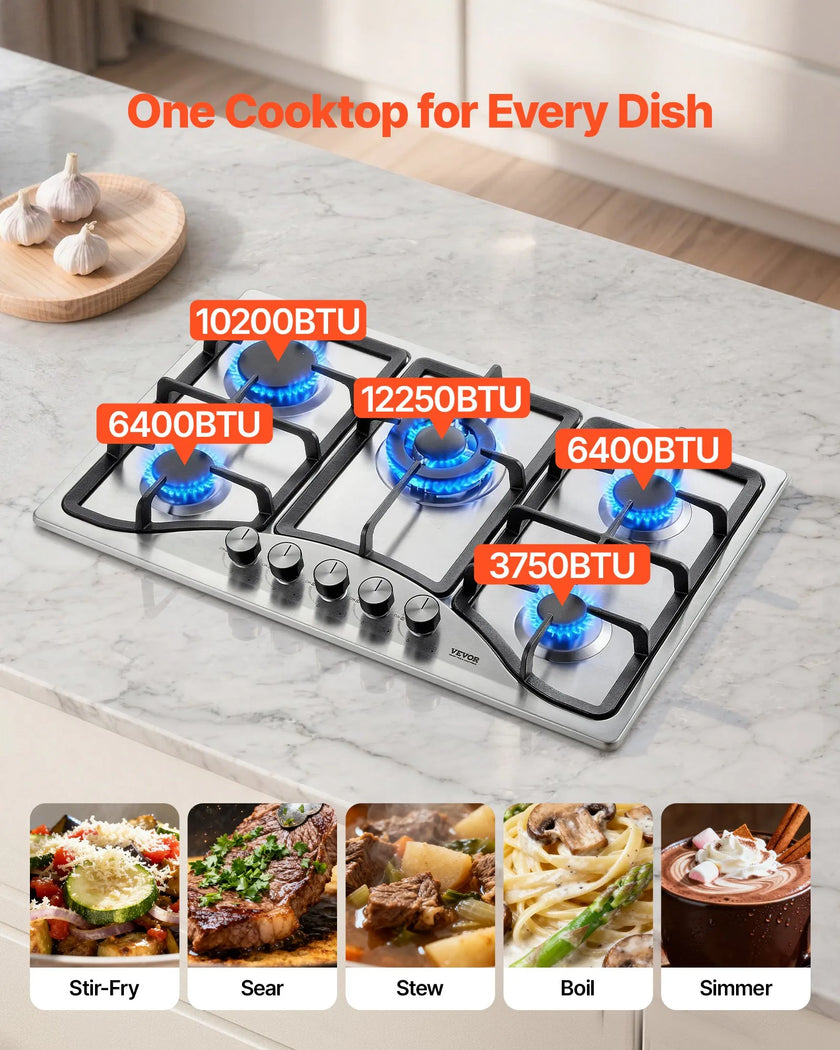 VEVOR Gas Cooktop 30 inch, Max 12250BTU 5 Burners Built-in Stainless Steel Gas Stove Top, LPG/NG Convertible Dual Fuel Natural Gas Hob with Thermocouple Protection