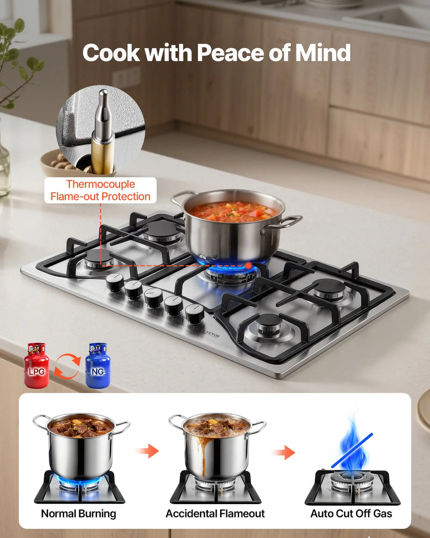 VEVOR Gas Cooktop 30 inch, Max 12250BTU 5 Burners Built-in Stainless Steel Gas Stove Top, LPG/NG Convertible Dual Fuel Natural Gas Hob with Thermocouple Protection