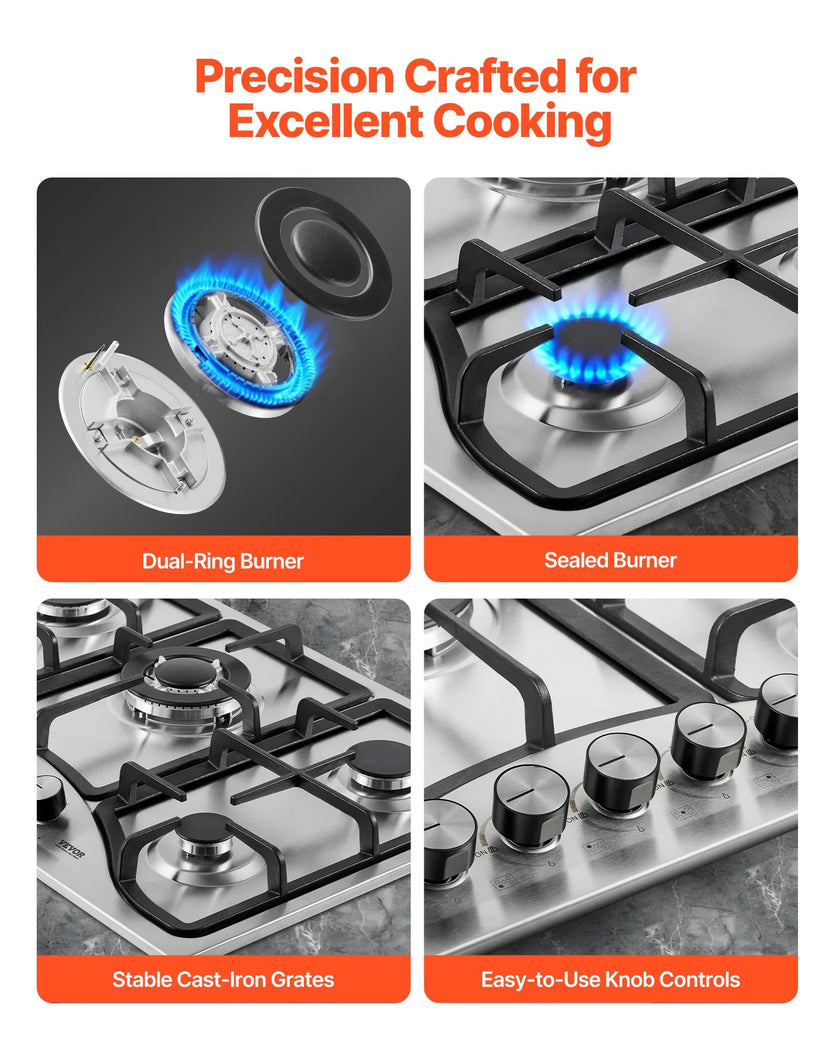 VEVOR Gas Cooktop 30 inch, Max 12250BTU 5 Burners Built-in Stainless Steel Gas Stove Top, LPG/NG Convertible Dual Fuel Natural Gas Hob with Thermocouple Protection