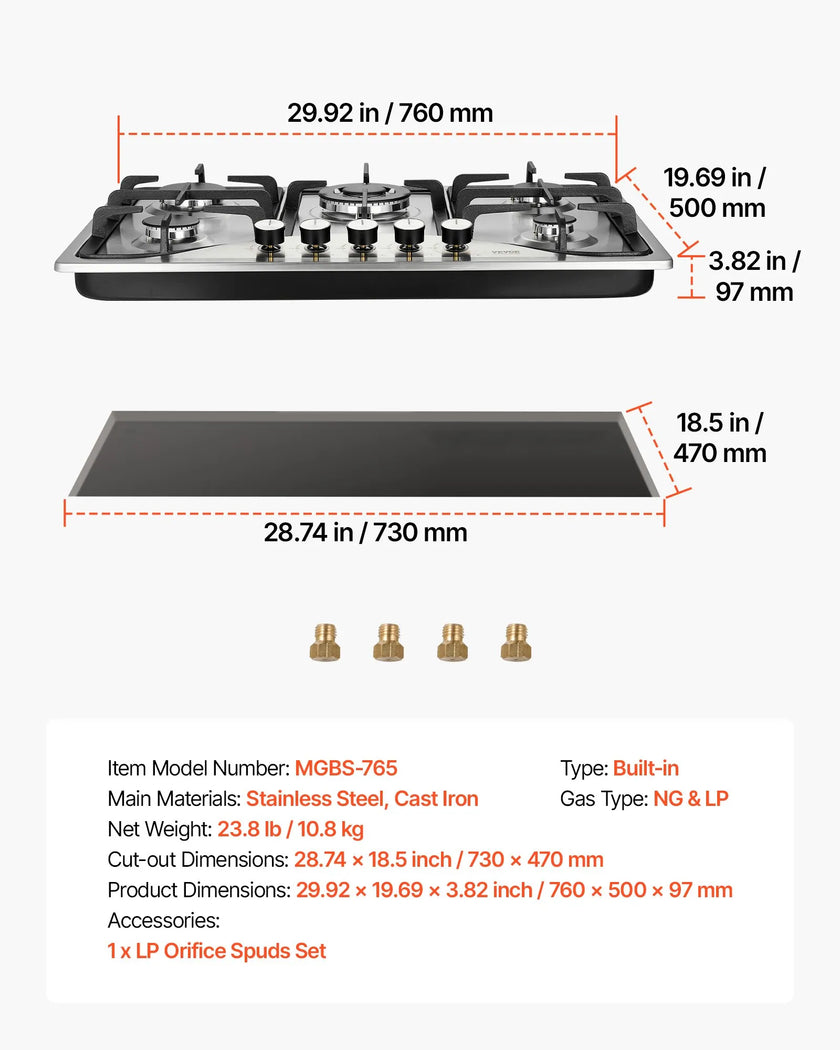 VEVOR Gas Cooktop 30 inch, Max 12250BTU 5 Burners Built-in Stainless Steel Gas Stove Top, LPG/NG Convertible Dual Fuel Natural Gas Hob with Thermocouple Protection