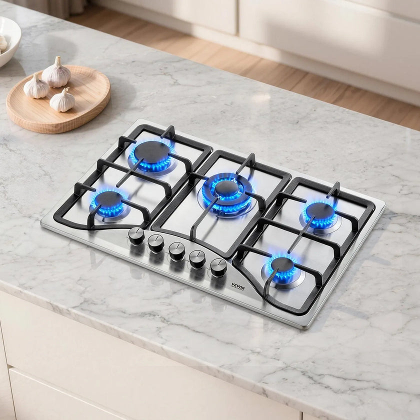 VEVOR Gas Cooktop 30 inch, Max 12250BTU 5 Burners Built-in Stainless Steel Gas Stove Top, LPG/NG Convertible Dual Fuel Natural Gas Hob with Thermocouple Protection