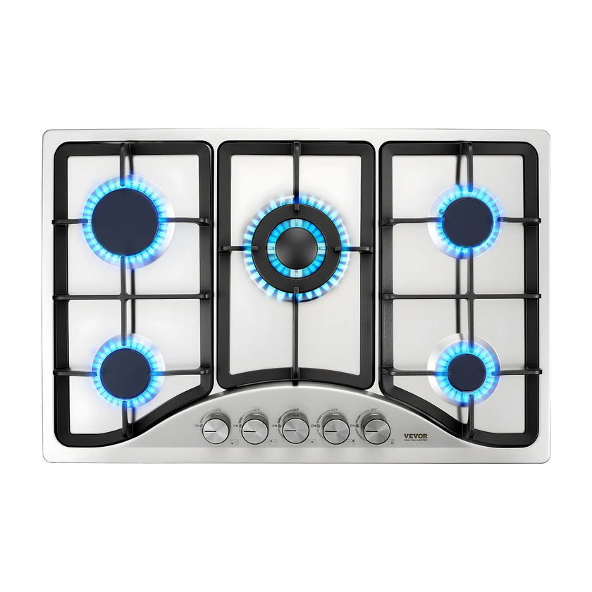VEVOR Gas Cooktop 30 inch, Max 12250BTU 5 Burners Built-in Stainless Steel Gas Stove Top, LPG/NG Convertible Dual Fuel Natural Gas Hob with Thermocouple Protection
