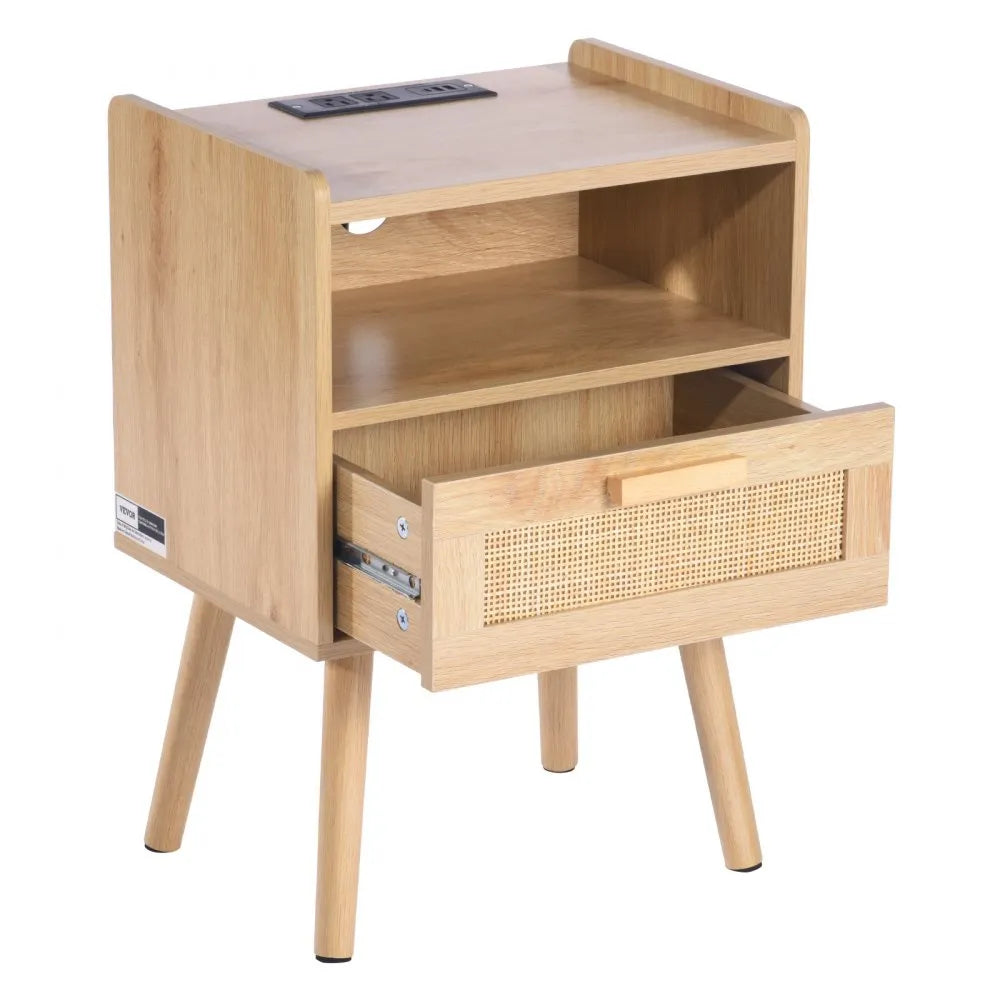 VEVOR Rattan Nightstand End Table with Drawer Open Shelf Boho Bedside Table