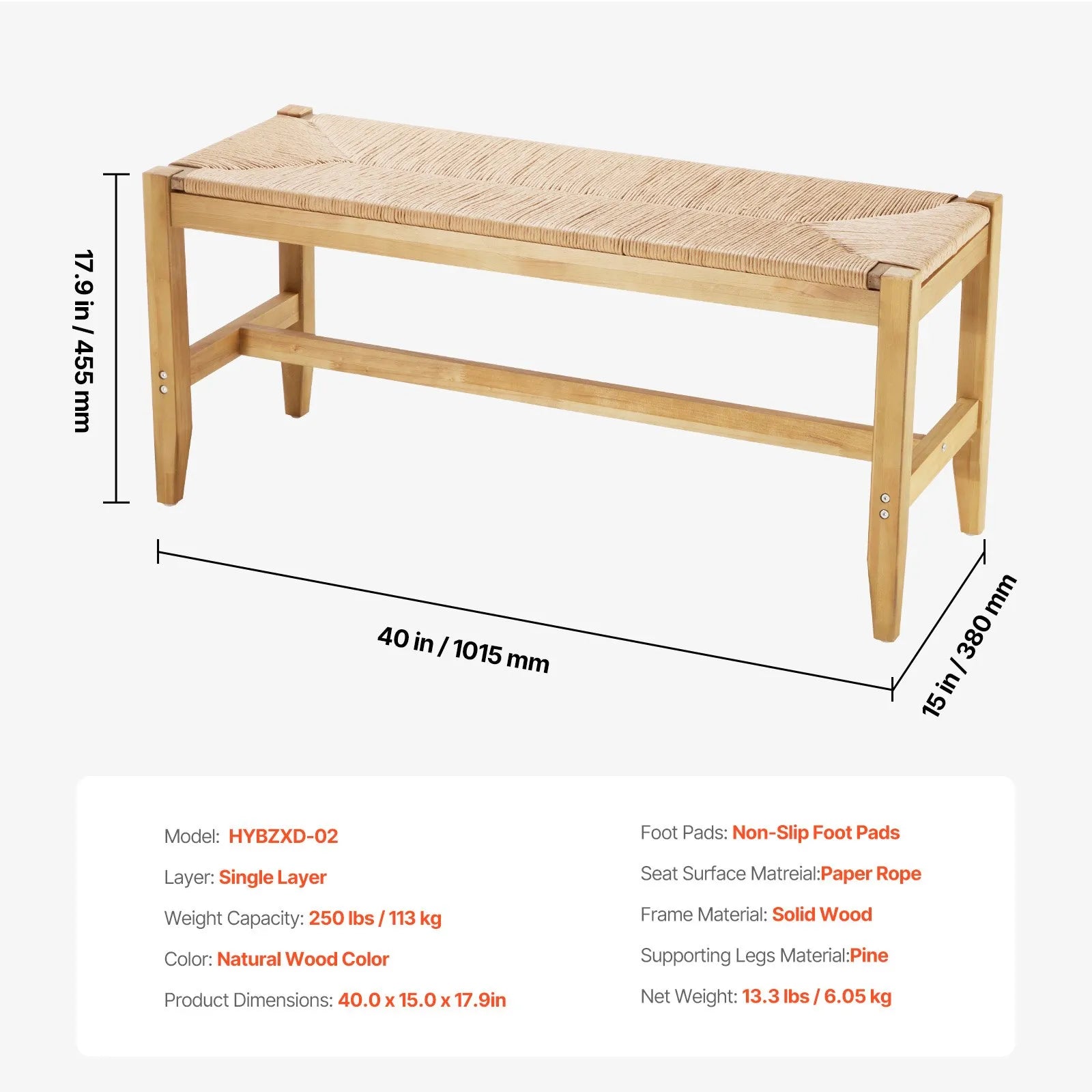VEVOR Rattan Bench Wooden Bench 40 Inches for Entryway Living Room & Bedroom