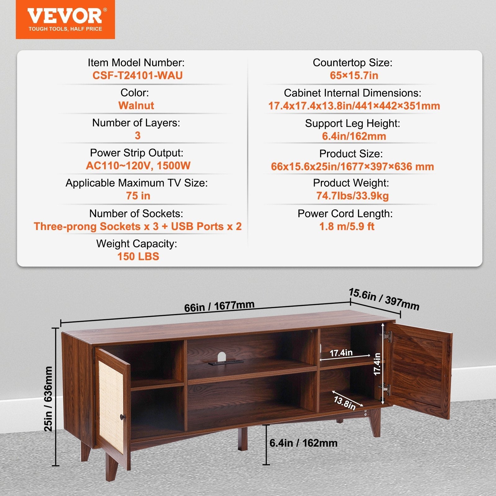 VEVOR Rattan TV Stand for 75