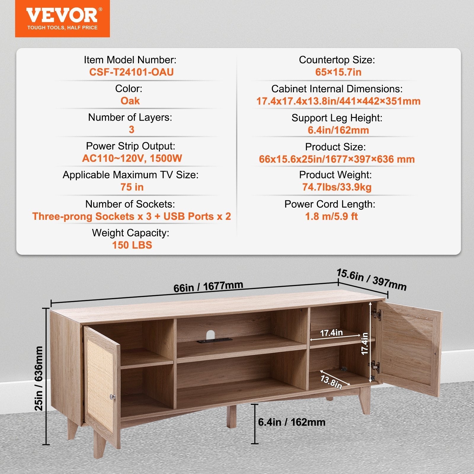 VEVOR Rattan TV Stand for 75