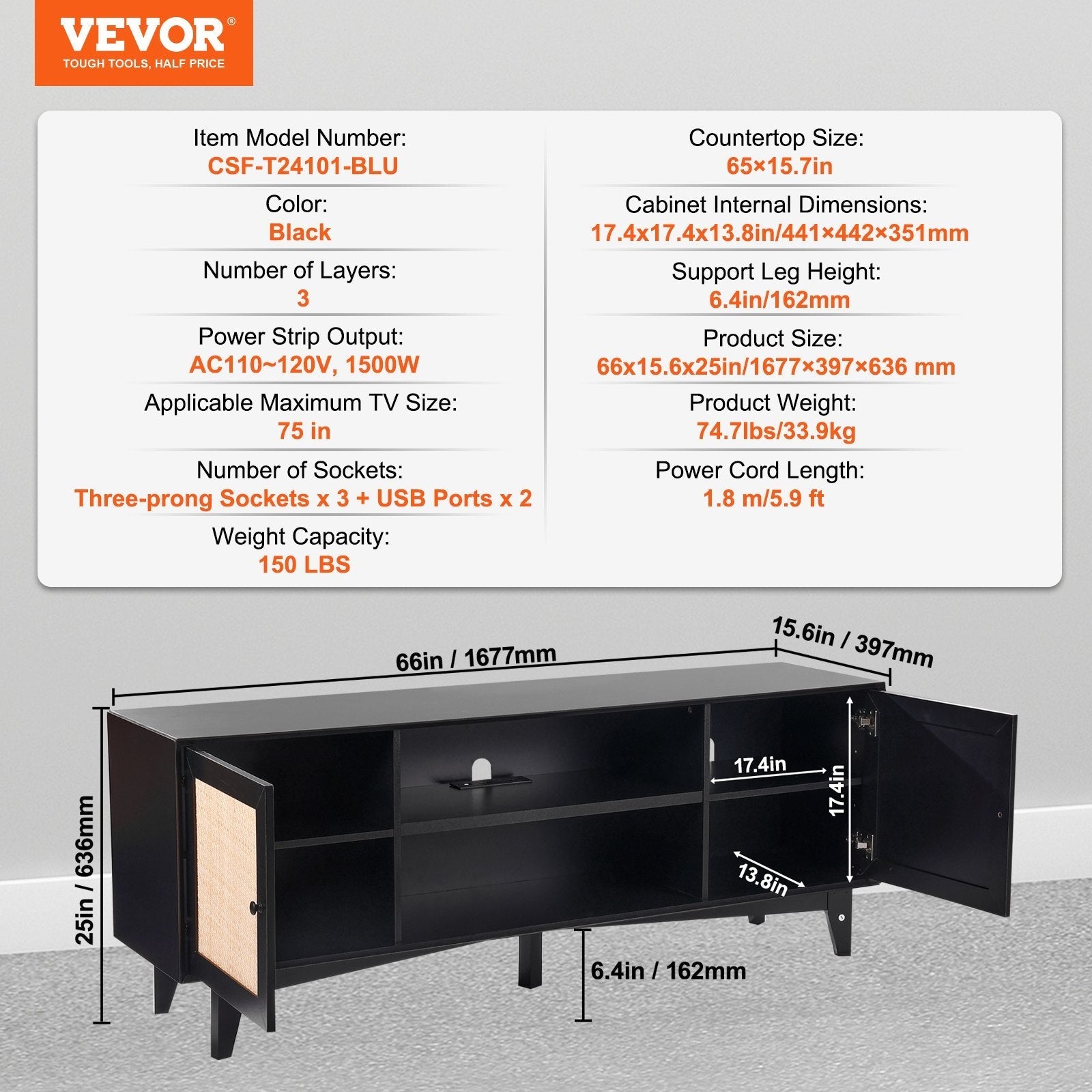 VEVOR Rattan TV Stand for 75