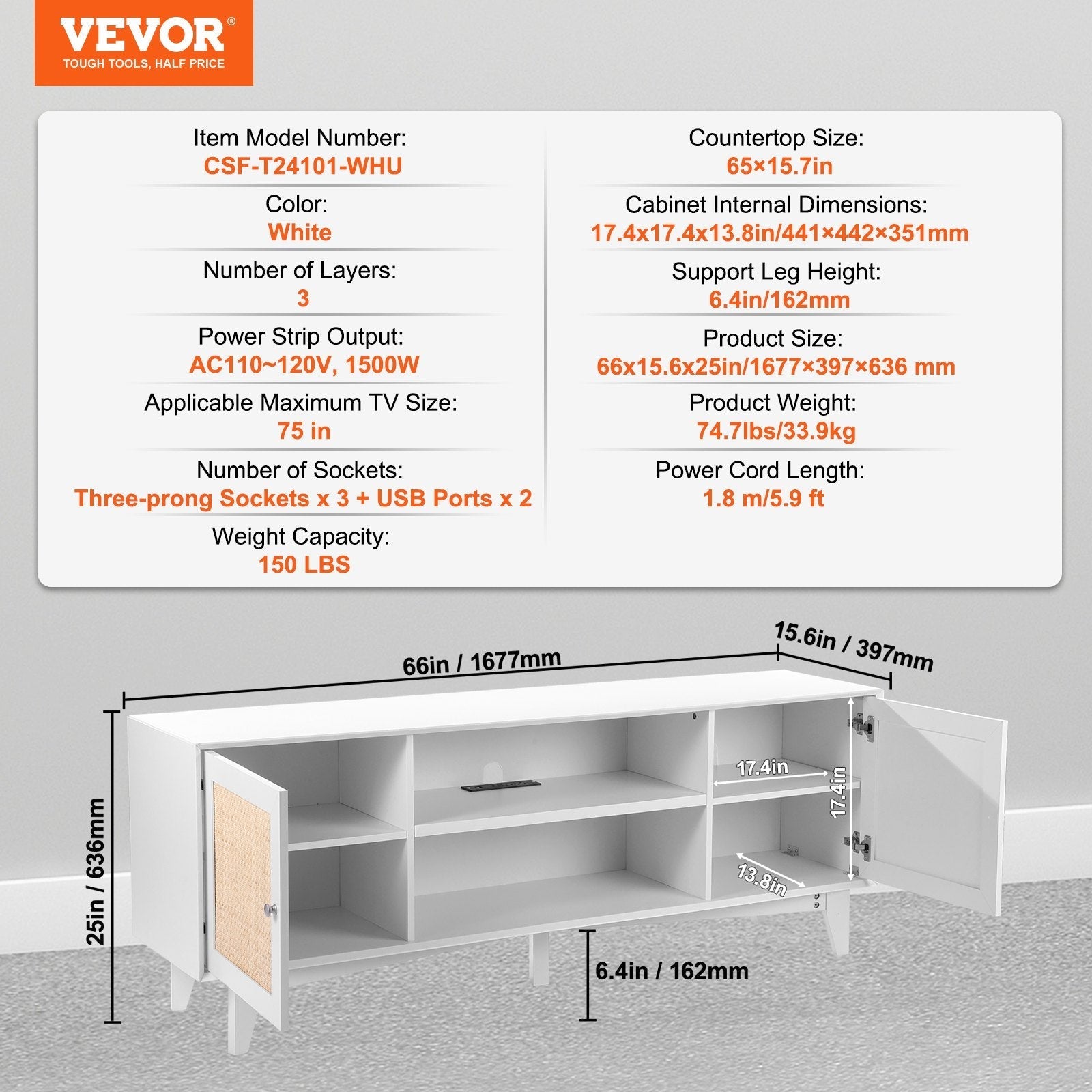 VEVOR Rattan TV Stand for 75