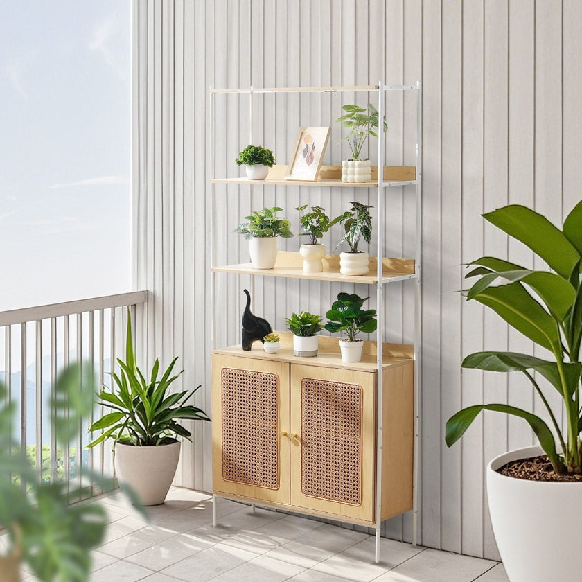 VEVOR Rattan Bookshelf Ladder Shelf with 2 Doors Rectangle Storage Rack Natural