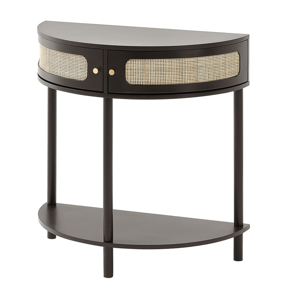 VEVOR Half-moon Rattan Console Table 2 Storage Drawers Rattan Sliding Door Black
