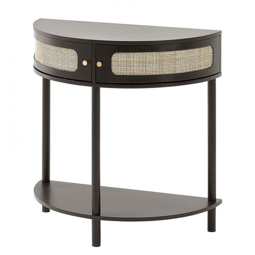 VEVOR Half-moon Rattan Console Table 2 Storage Drawers Rattan Sliding Door Black