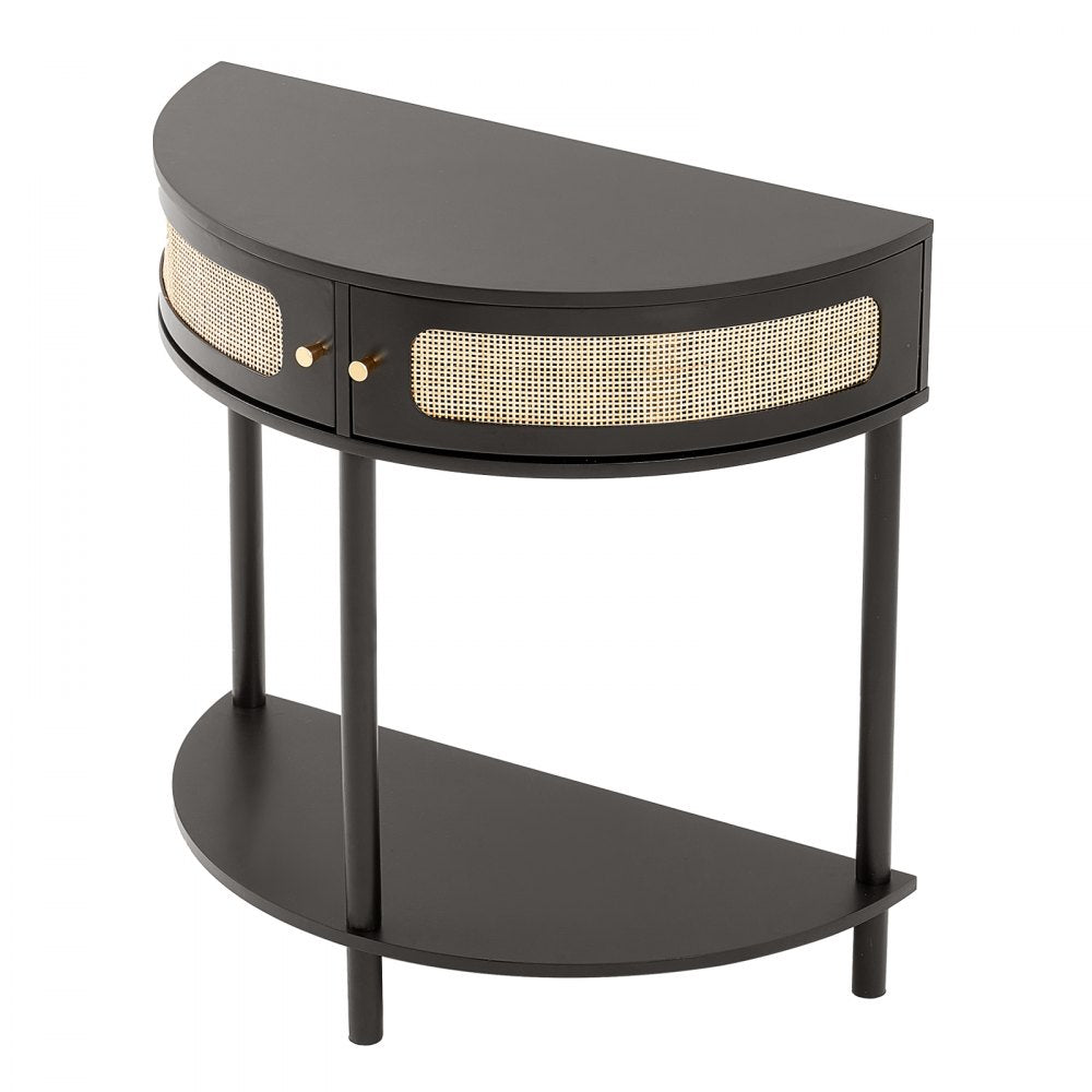 VEVOR Half-moon Rattan Console Table 2 Storage Drawers Rattan Sliding Door Black