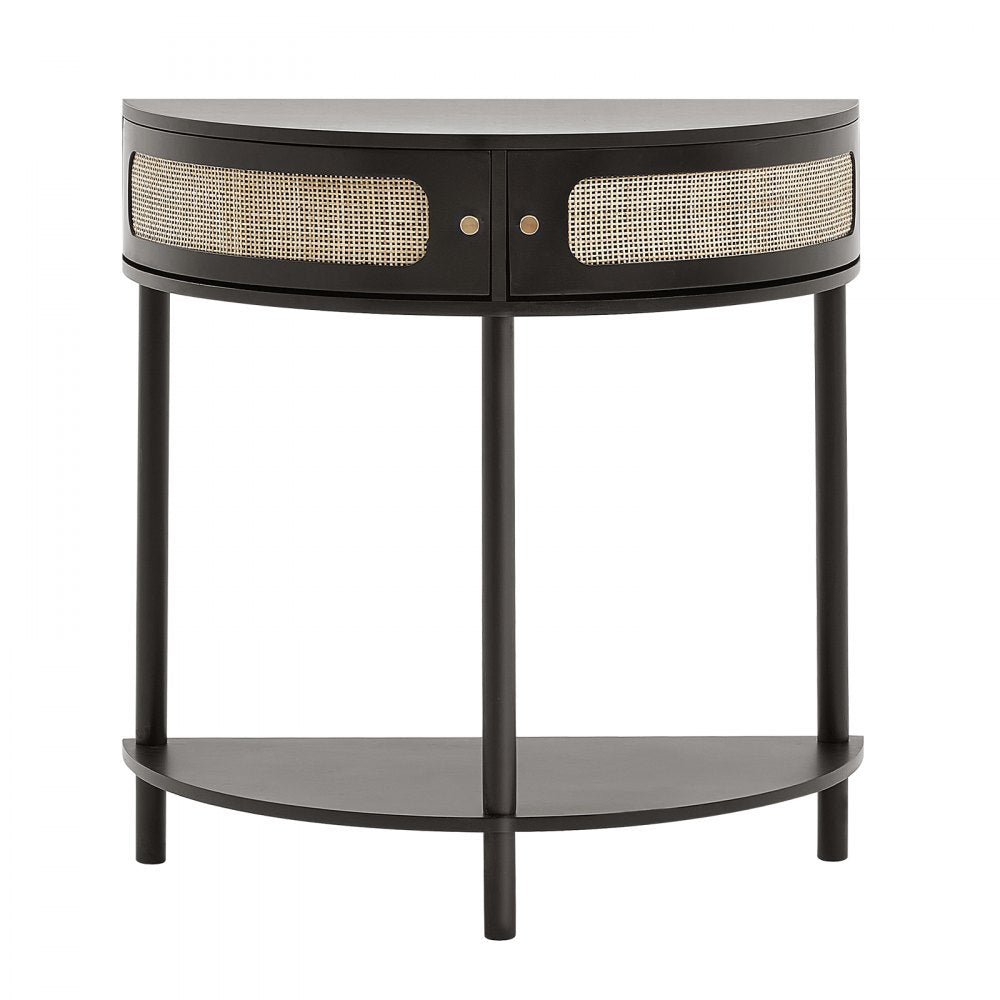 VEVOR Half-moon Rattan Console Table 2 Storage Drawers Rattan Sliding Door Black