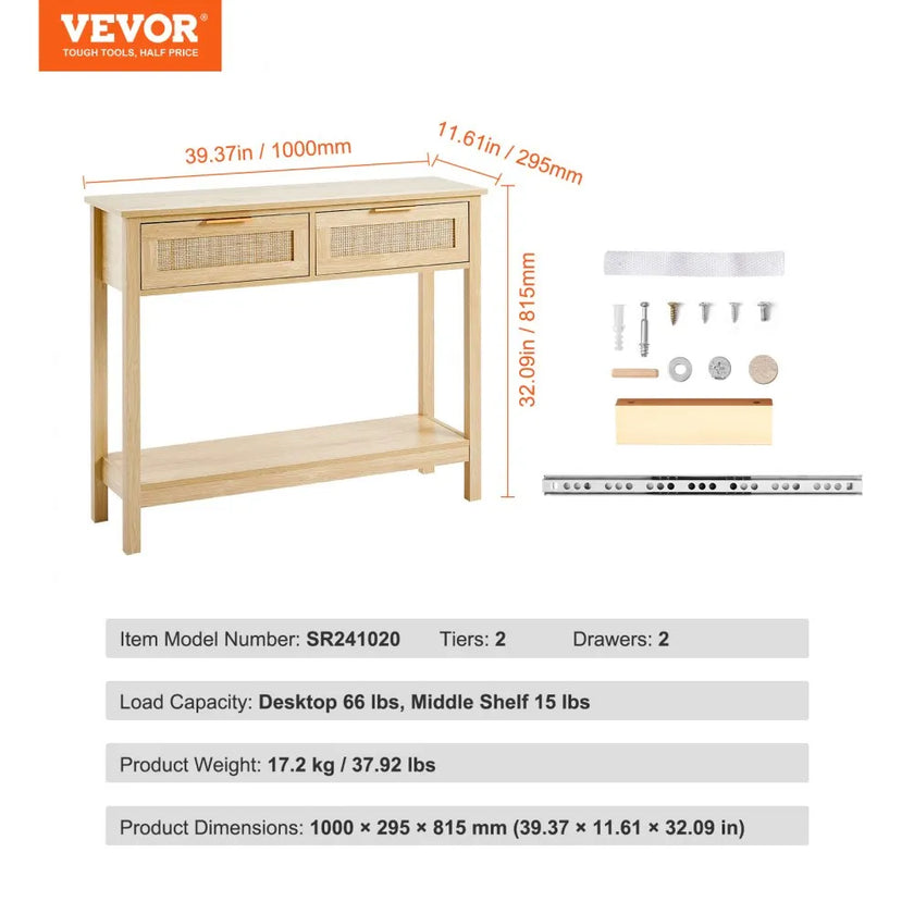 VEVOR Rattan Console Table with 2 Storage Drawers Rattan Sliding Door Natural