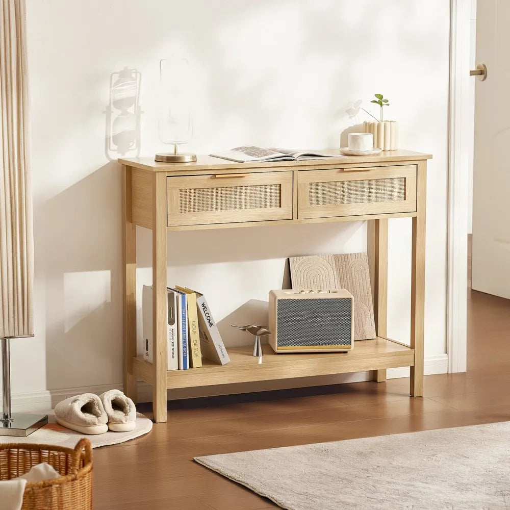 VEVOR Rattan Console Table with 2 Storage Drawers Rattan Sliding Door Natural