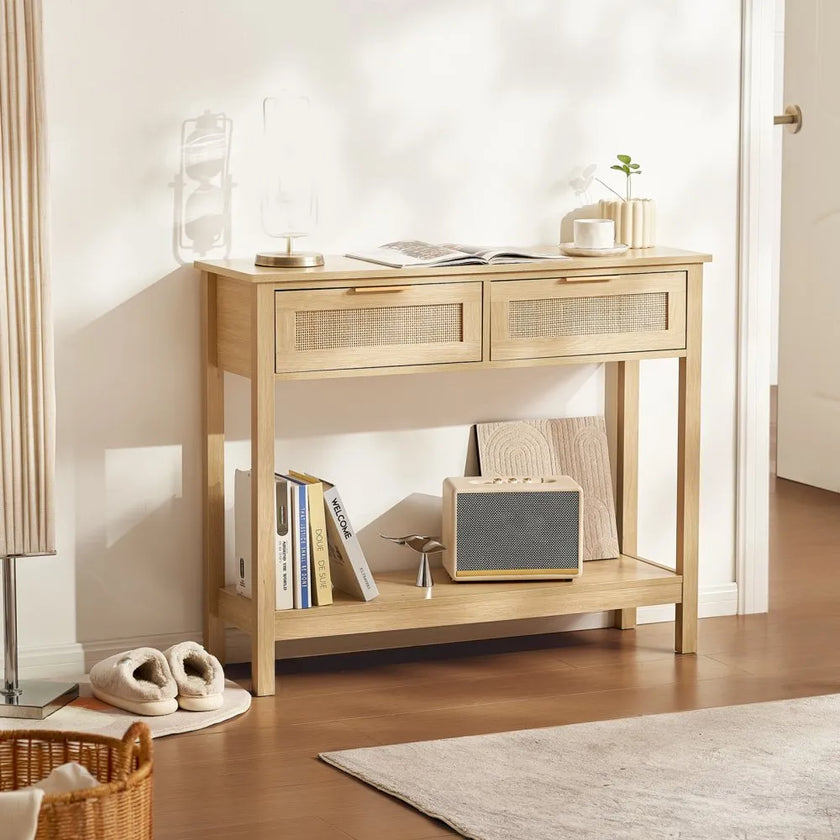 VEVOR Rattan Console Table with 2 Storage Drawers Rattan Sliding Door Natural