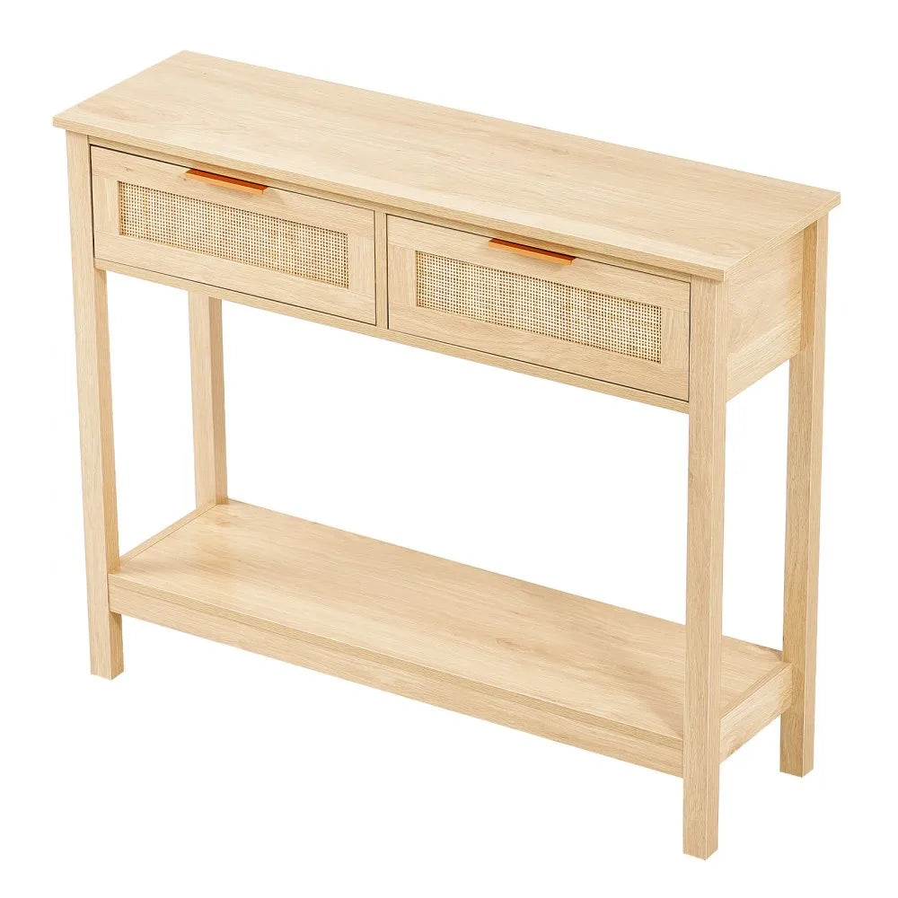 VEVOR Rattan Console Table with 2 Storage Drawers Rattan Sliding Door Natural