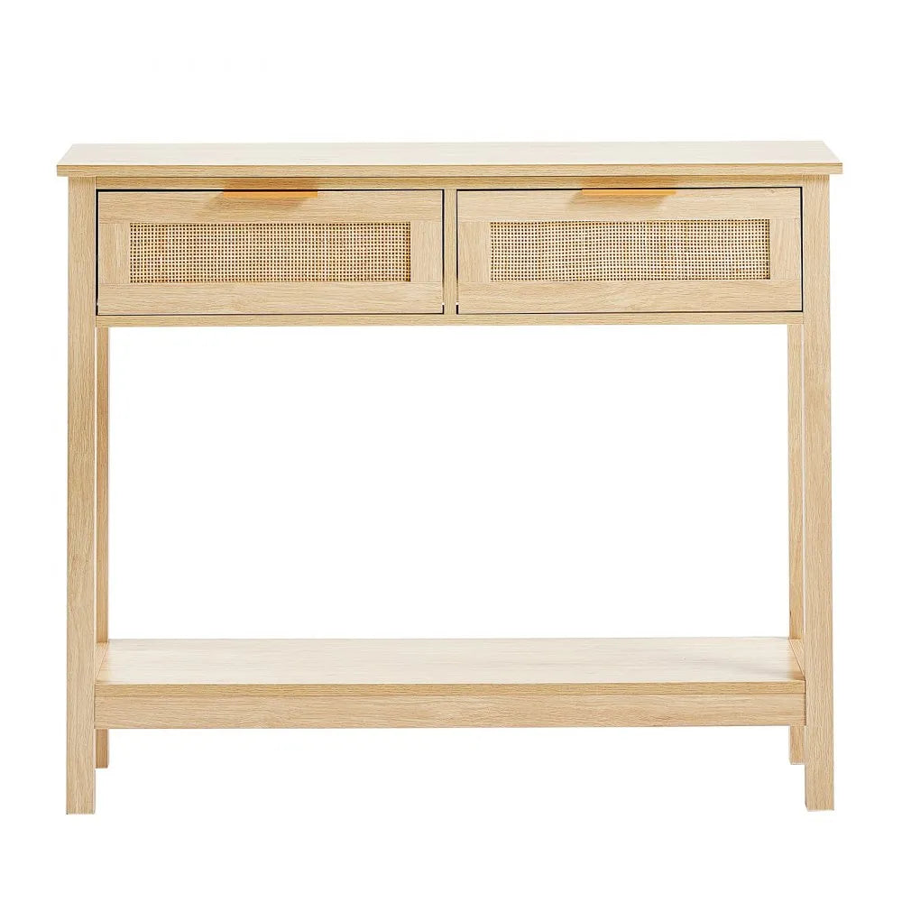VEVOR Rattan Console Table with 2 Storage Drawers Rattan Sliding Door Natural