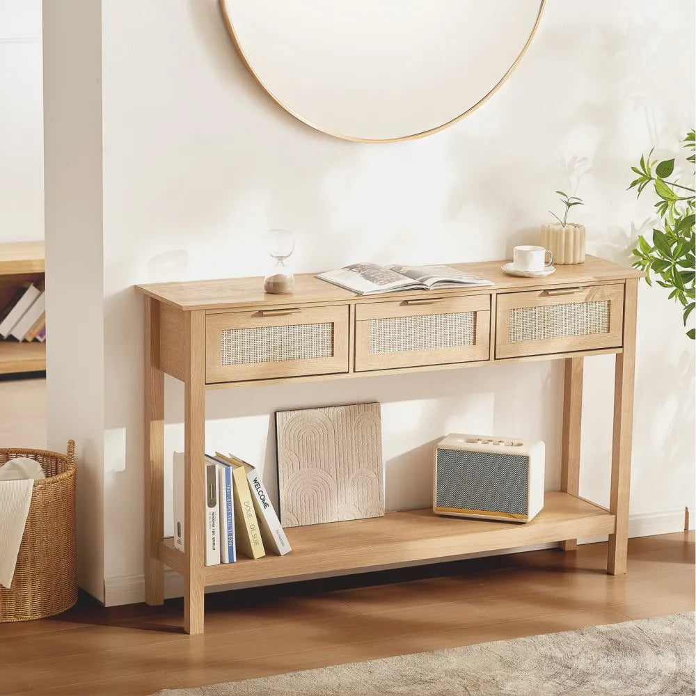 VEVOR Rattan Console Table with 3 Storage Drawers Rattan Sliding Door Natural