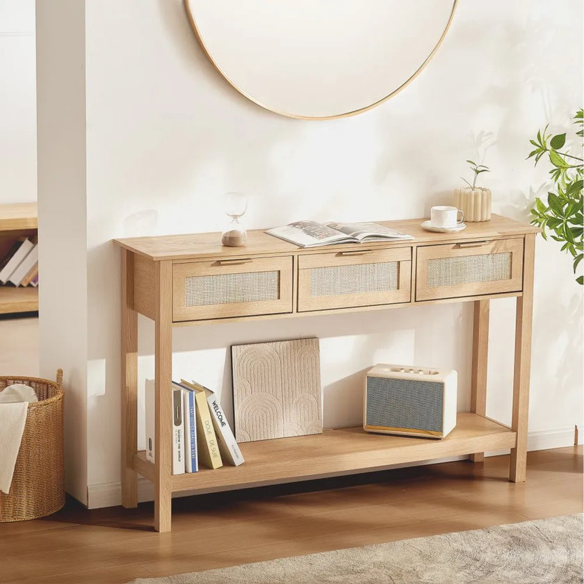 VEVOR Rattan Console Table with 3 Storage Drawers Rattan Sliding Door Natural
