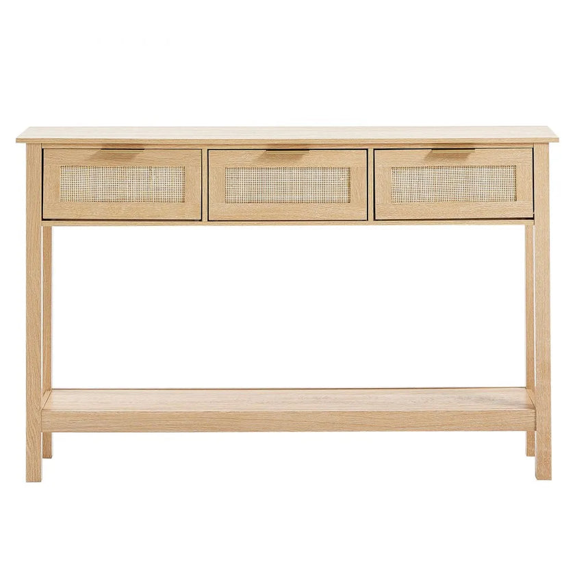 VEVOR Rattan Console Table with 3 Storage Drawers Rattan Sliding Door Natural