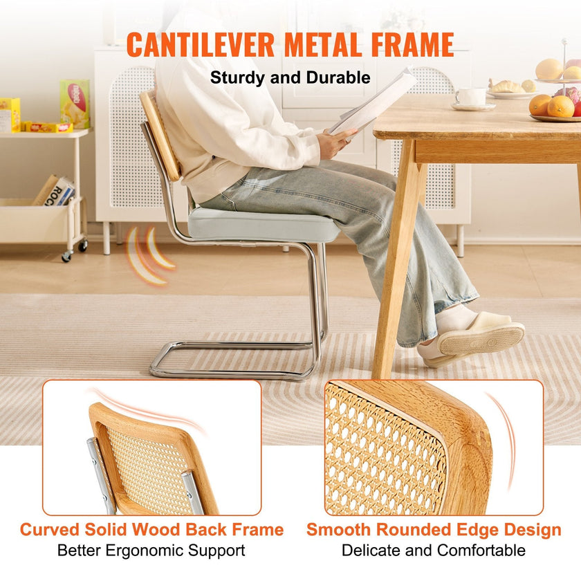 VEVOR Rattan Chairs, Set of 2, Mid Century Modern Dining Chair, Upholstered Velvet Accent Chair with Rattan Back, Retro Dining Room Kitchen Chair for Living Room, Bedroom, Reading Room, Office, White