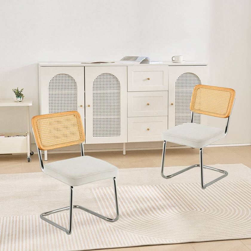 VEVOR Rattan Chairs, Set of 2, Mid Century Modern Dining Chair, Upholstered Velvet Accent Chair with Rattan Back, Retro Dining Room Kitchen Chair for Living Room, Bedroom, Reading Room, Office, White