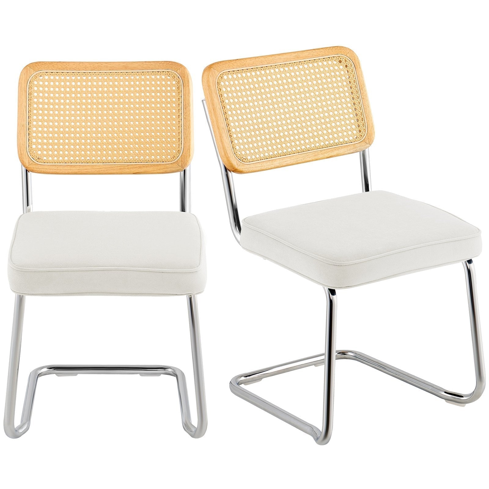 VEVOR Rattan Chairs, Set of 2, Mid Century Modern Dining Chair, Upholstered Velvet Accent Chair with Rattan Back, Retro Dining Room Kitchen Chair for Living Room, Bedroom, Reading Room, Office, White