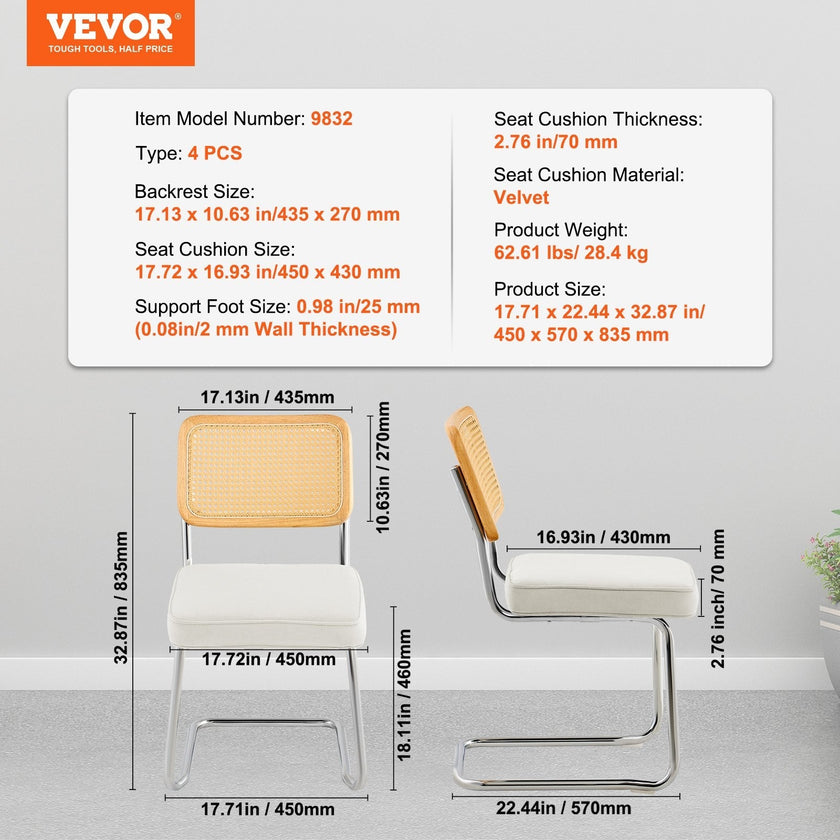 VEVOR Rattan Chairs, Set of 4, Mid Century Modern Dining Chair, Upholstered Velvet Accent Chair with Rattan Back, Retro Dining Room Kitchen Chair for Living Room, Bedroom, Reading Room, Office, White