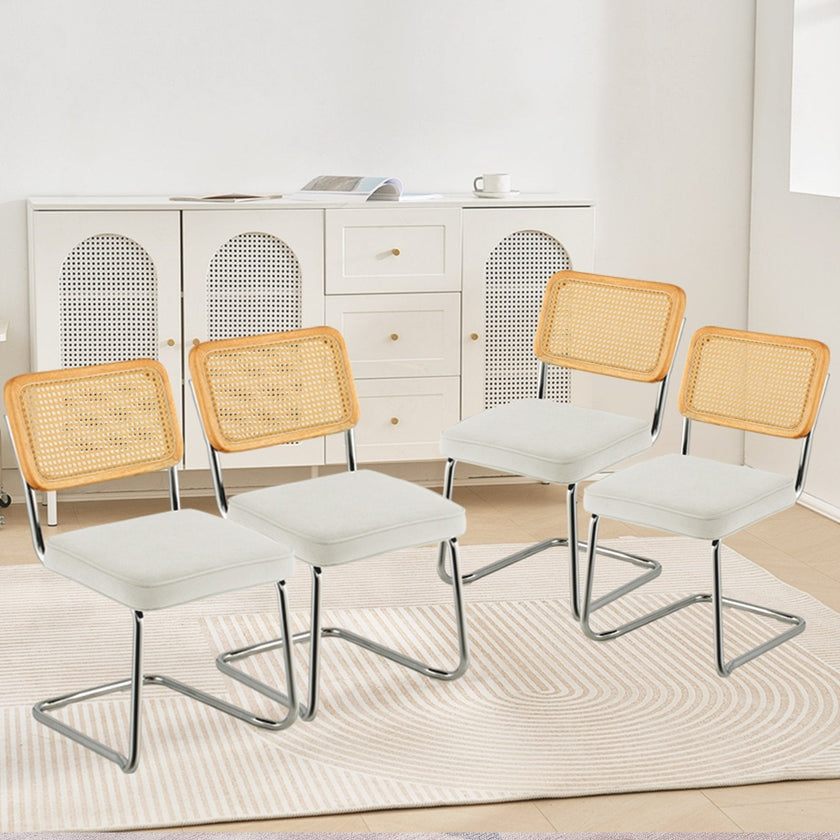 VEVOR Rattan Chairs, Set of 4, Mid Century Modern Dining Chair, Upholstered Velvet Accent Chair with Rattan Back, Retro Dining Room Kitchen Chair for Living Room, Bedroom, Reading Room, Office, White