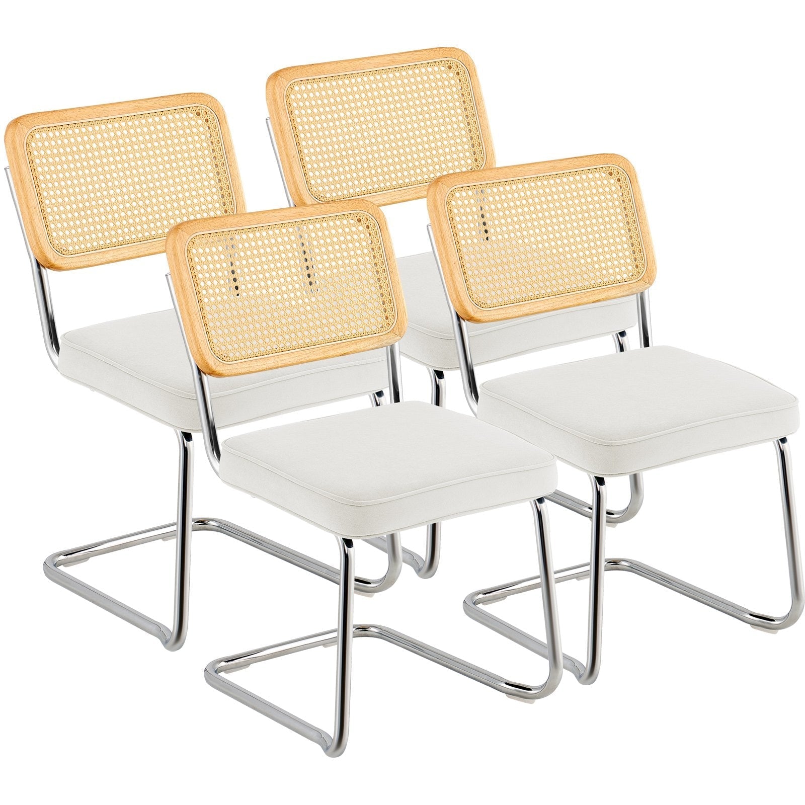 VEVOR Rattan Chairs, Set of 4, Mid Century Modern Dining Chair, Upholstered Velvet Accent Chair with Rattan Back, Retro Dining Room Kitchen Chair for Living Room, Bedroom, Reading Room, Office, White