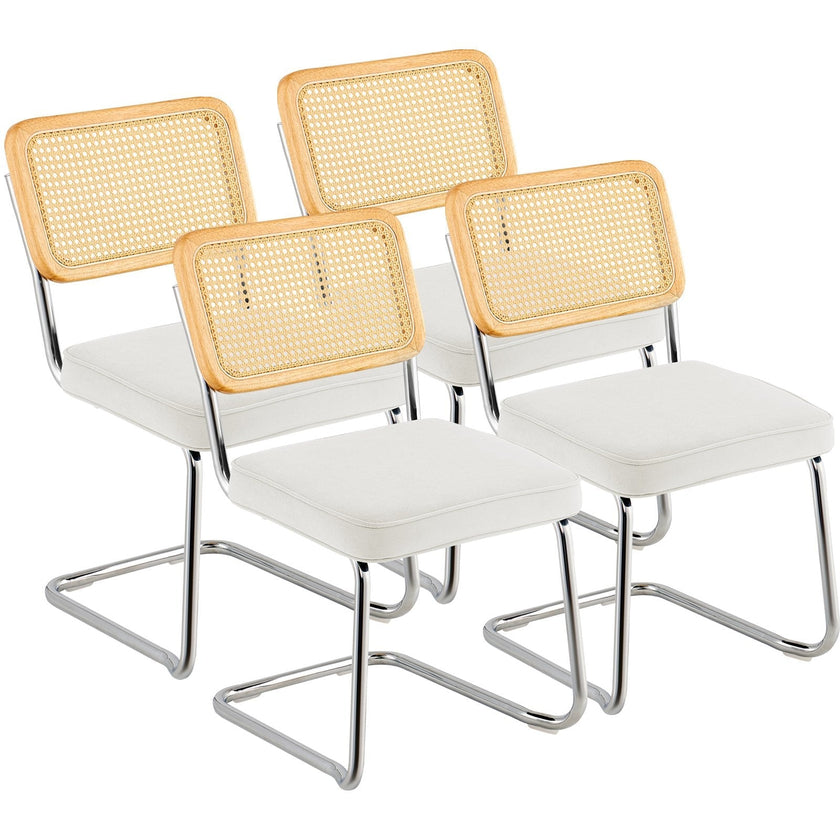 VEVOR Rattan Chairs, Set of 4, Mid Century Modern Dining Chair, Upholstered Velvet Accent Chair with Rattan Back, Retro Dining Room Kitchen Chair for Living Room, Bedroom, Reading Room, Office, White