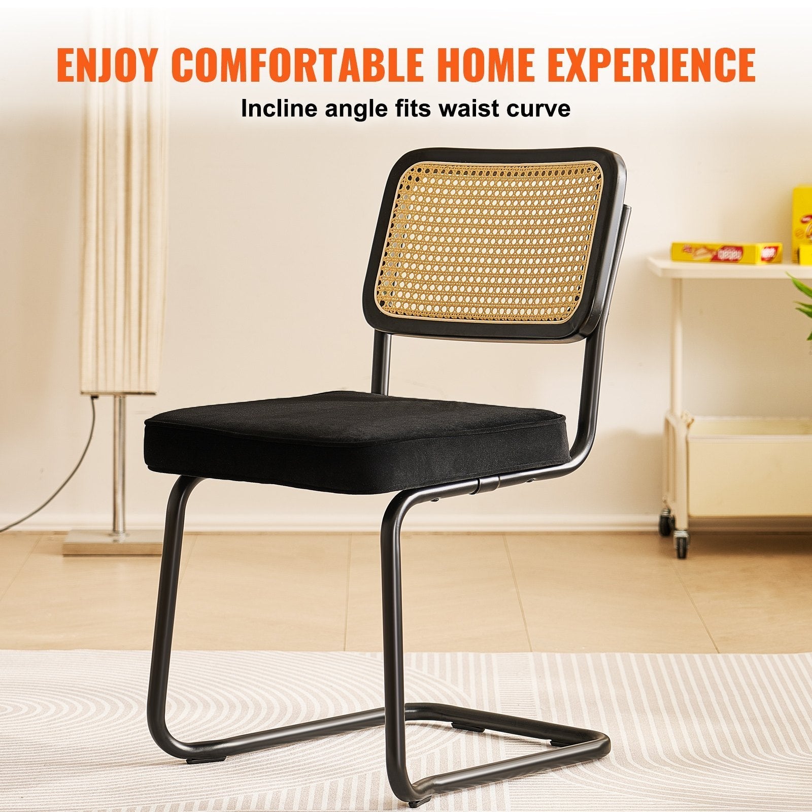 VEVOR Rattan Chairs, Set of 4, Mid Century Modern Dining Chair, Upholstered Velvet Accent Chair with Rattan Back, Retro Dining Room Kitchen Chair for Living Room, Bedroom, Reading Room, Office, Black