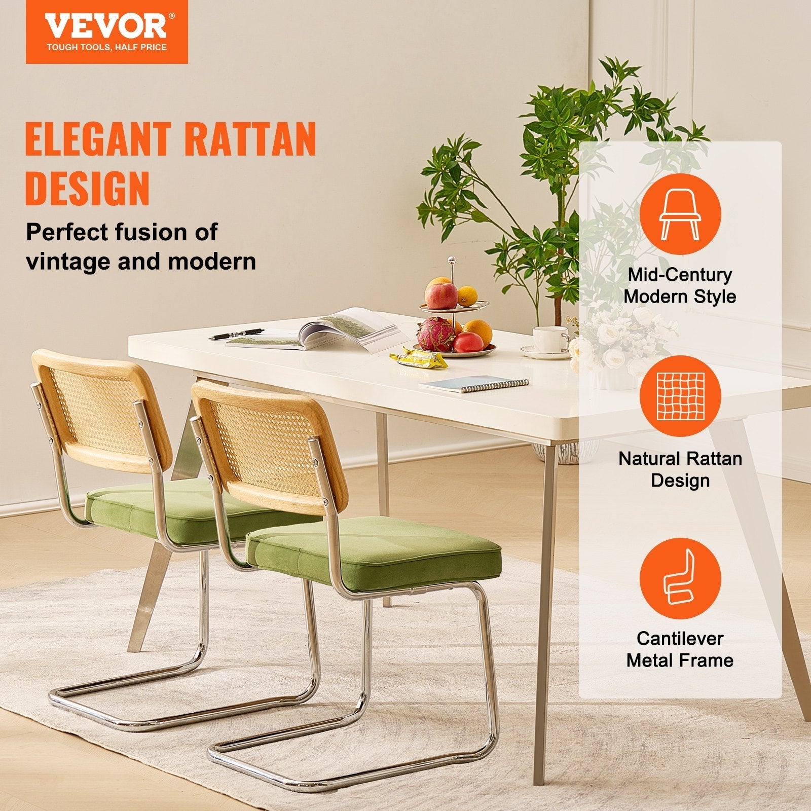 VEVOR Rattan Chairs, Set of 2, Mid Century Modern Dining Chair, Upholstered Velvet Accent Chair with Rattan Back, Retro Dining Room Kitchen Chair for Living Room, Bedroom, Reading Room, Office, Green