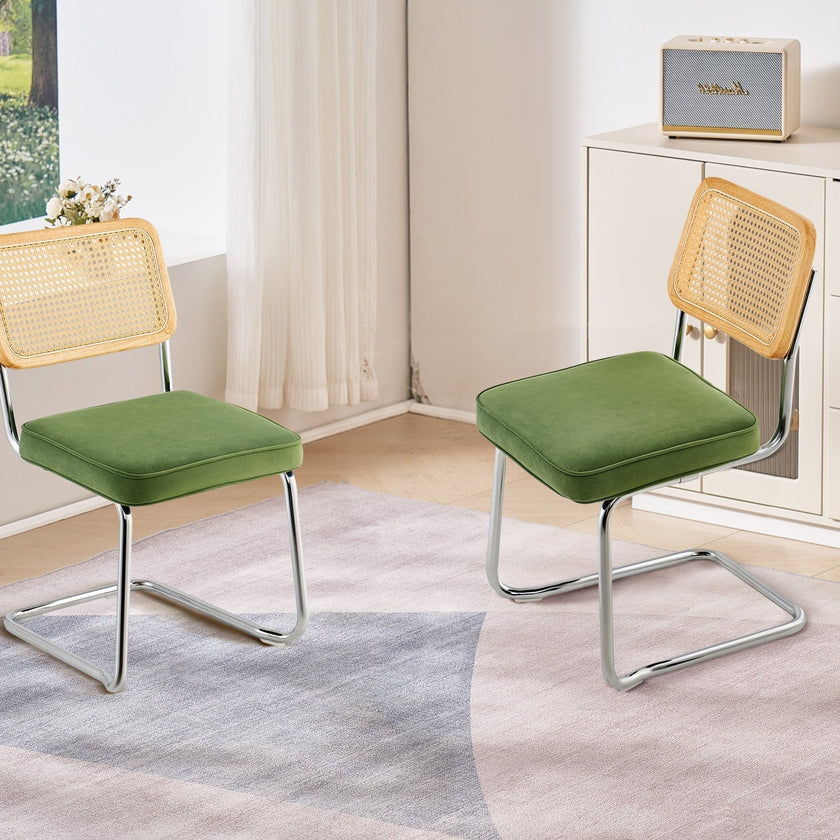 VEVOR Rattan Chairs, Set of 2, Mid Century Modern Dining Chair, Upholstered Velvet Accent Chair with Rattan Back, Retro Dining Room Kitchen Chair for Living Room, Bedroom, Reading Room, Office, Green