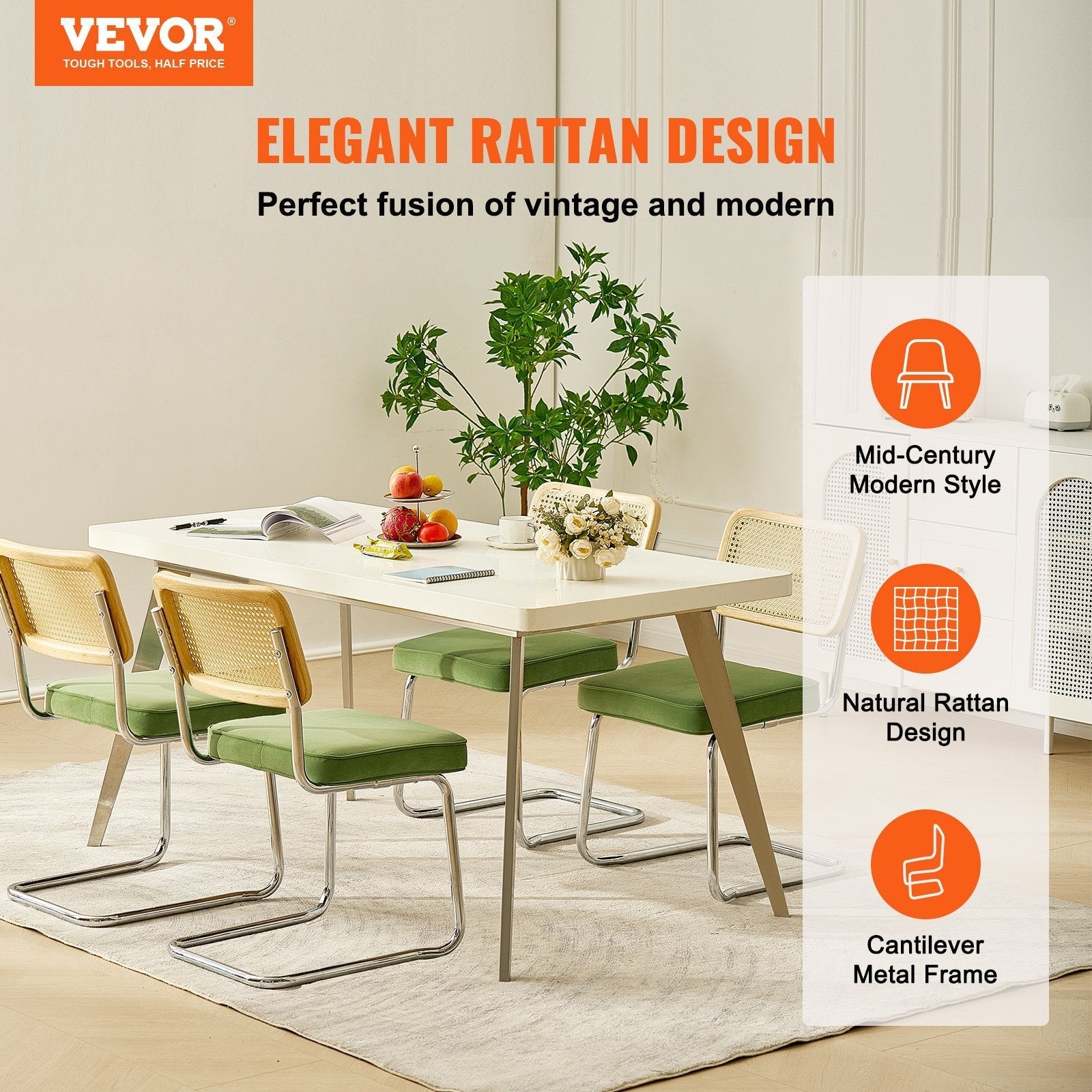 VEVOR Rattan Chairs, Set of 4, Mid Century Modern Dining Chair, Upholstered Velvet Accent Chair with Rattan Back, Retro Dining Room Kitchen Chair for Living Room, Bedroom, Reading Room, Office, Green