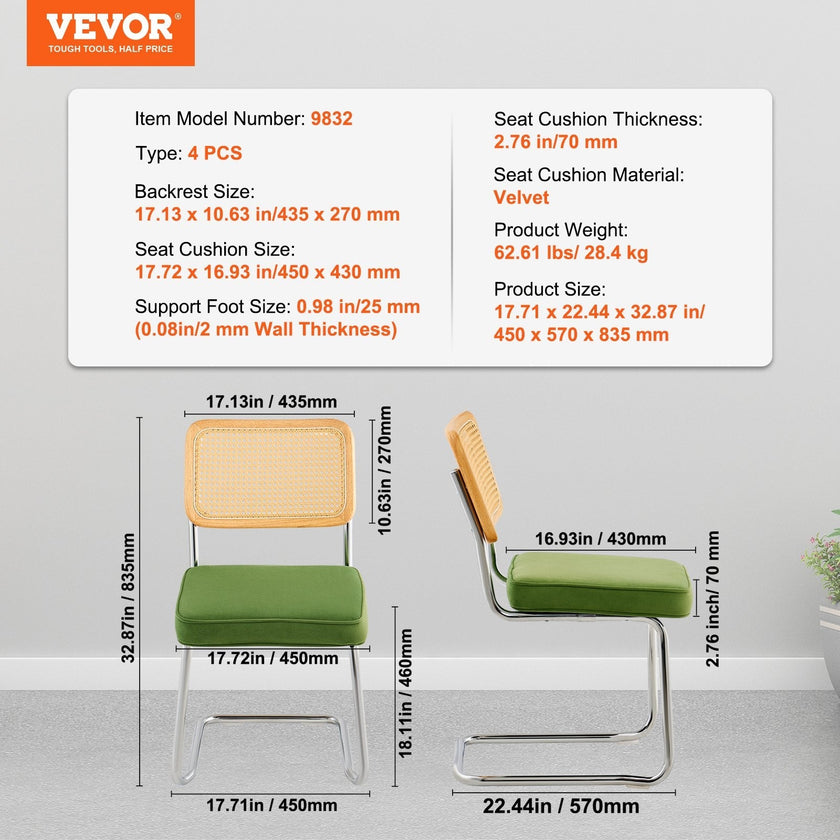 VEVOR Rattan Chairs, Set of 4, Mid Century Modern Dining Chair, Upholstered Velvet Accent Chair with Rattan Back, Retro Dining Room Kitchen Chair for Living Room, Bedroom, Reading Room, Office, Green