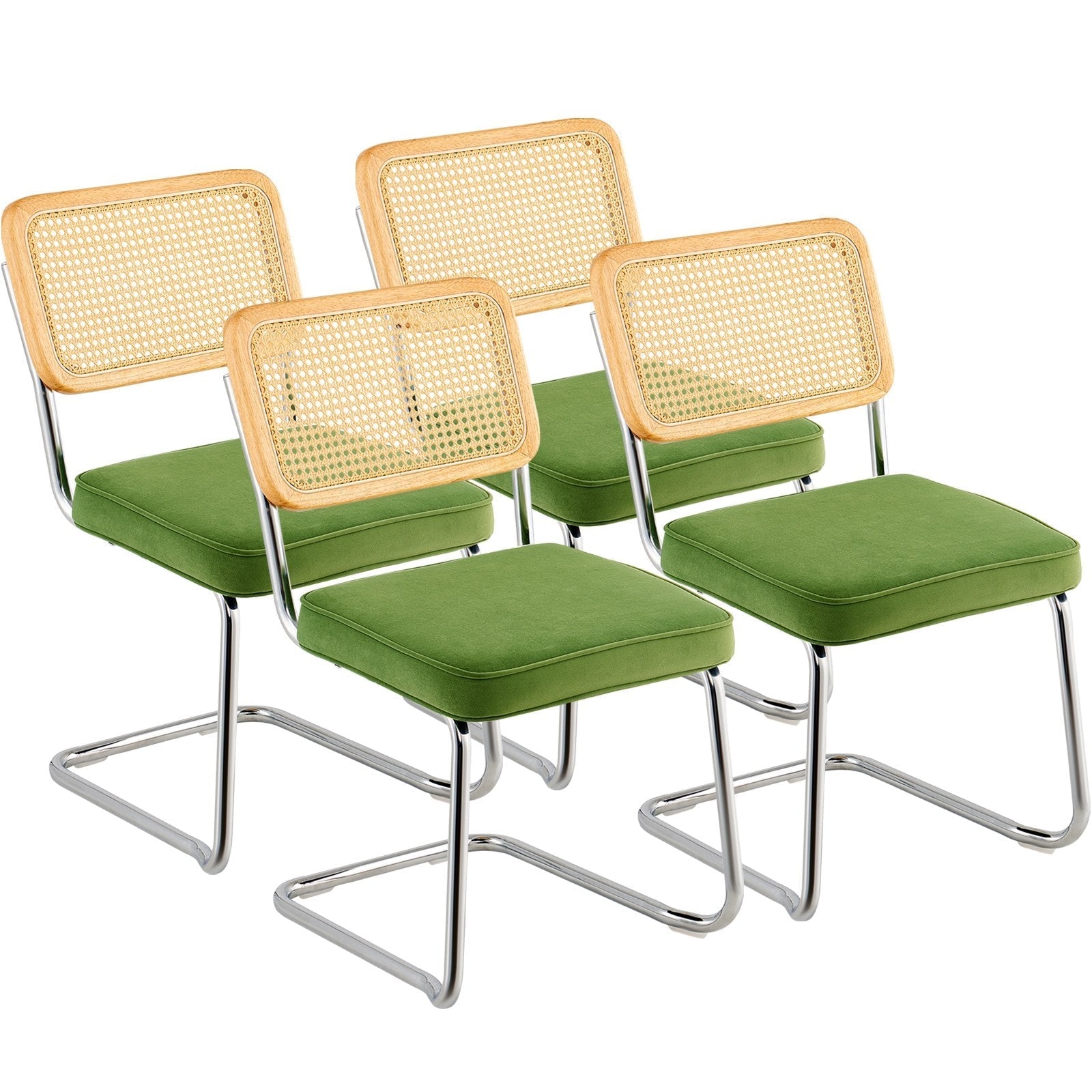 VEVOR Rattan Chairs, Set of 4, Mid Century Modern Dining Chair, Upholstered Velvet Accent Chair with Rattan Back, Retro Dining Room Kitchen Chair for Living Room, Bedroom, Reading Room, Office, Green