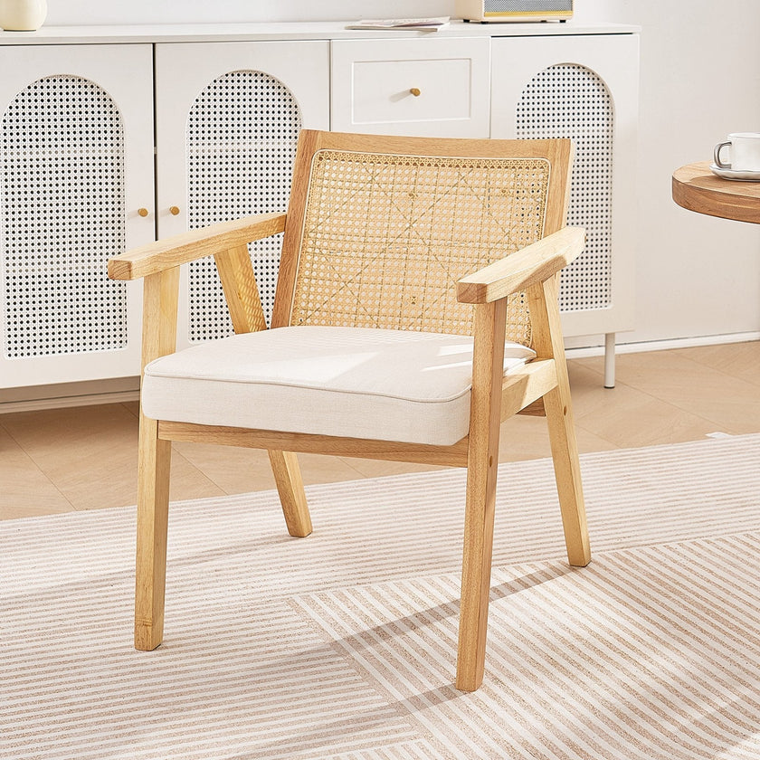 VEVOR Rattan Chair, Mid Century Modern Dining Chair with Armrest, Upholstered Chair with Rattan Back, Retro Rattan Dining Room Kitchen Chair for Living Room, Bedroom, Reading Room, and Office, Beige