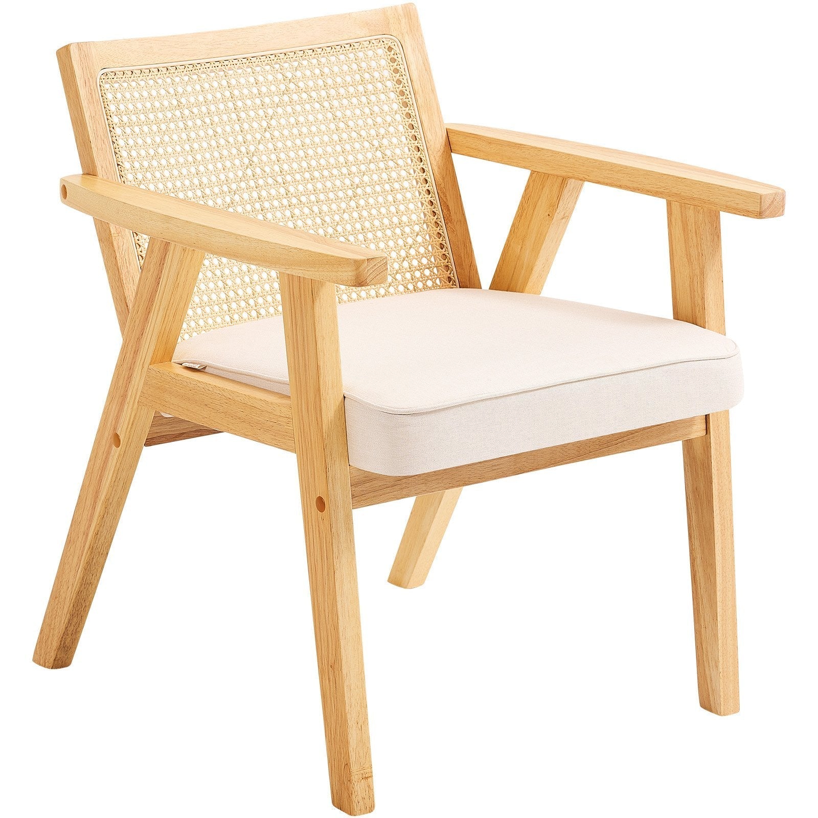 VEVOR Rattan Chair, Mid Century Modern Dining Chair with Armrest, Upholstered Chair with Rattan Back, Retro Rattan Dining Room Kitchen Chair for Living Room, Bedroom, Reading Room, and Office, Beige