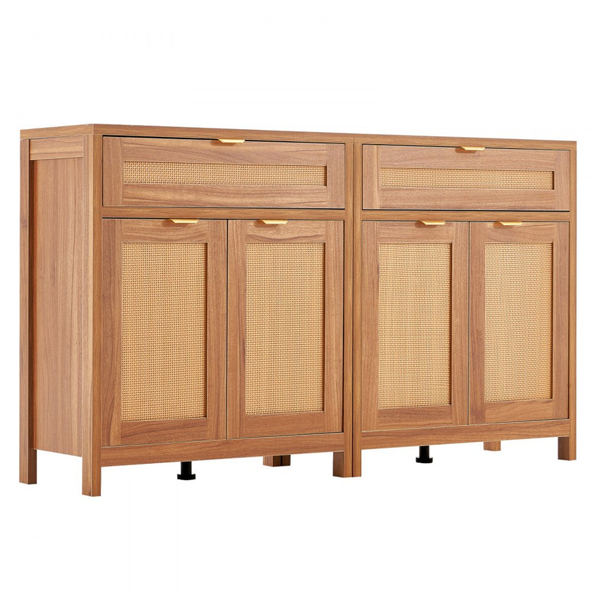 VEVOR Rattan Cabinet with 4 Doors 2 Drawers Adjustable Shelves Set of 2 Natural