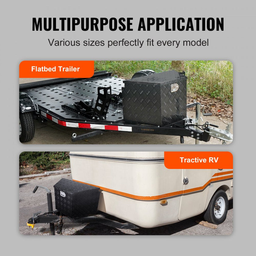 VEVOR Trailer Tongue Box, Aluminum Alloy Diamond Plate Tongue Box Tool Chest, Heavy Duty Trailer Box Storage with Lock and Keys, Utility Trailer Tongue Box for Pickup Truck, RV, Trailer, 29