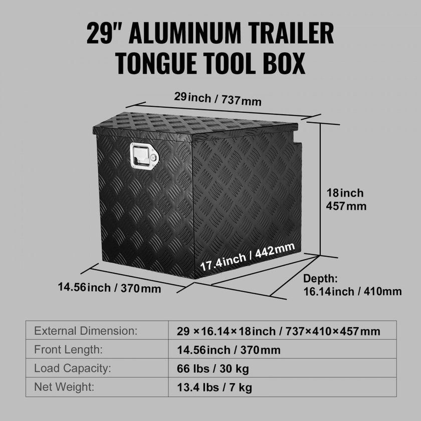 VEVOR Trailer Tongue Box, Aluminum Alloy Diamond Plate Tongue Box Tool Chest, Heavy Duty Trailer Box Storage with Lock and Keys, Utility Trailer Tongue Box for Pickup Truck, RV, Trailer, 29