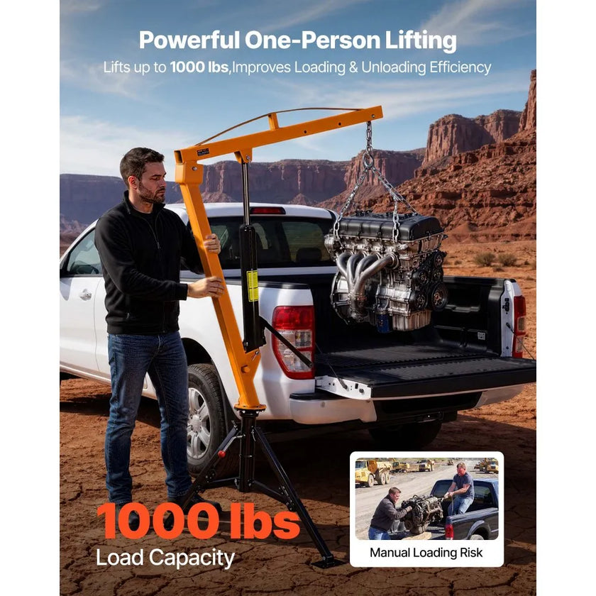 VEVOR 1000 lb Pickup Hitch Mounted Truck Crane with Hydraulic Jack & 360° Rotating Boom