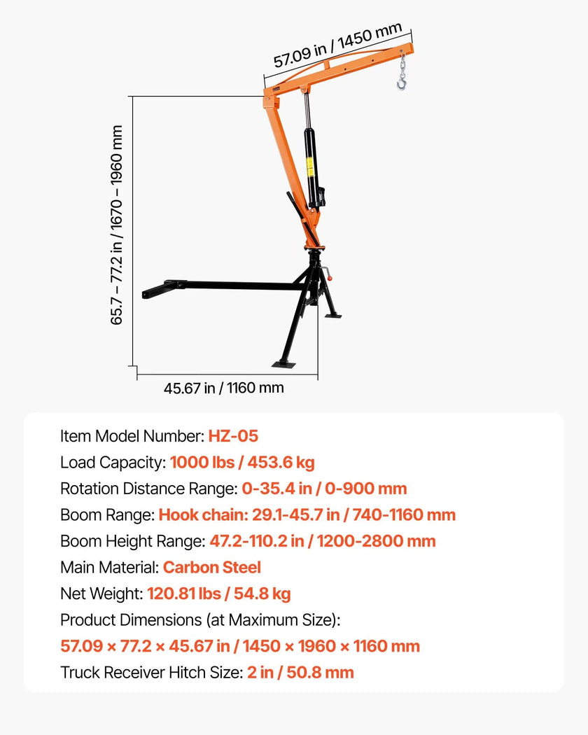 VEVOR 1000 lb Pickup Hitch Mounted Truck Crane with Hydraulic Jack & 360° Rotating Boom