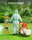 VEVOR Battery Powered Lawn Sprayer on Wheel, 0-90 PSI Adjustable Pressure, 15 Gallon Tank, Cart Sprayer with 8 Nozzles and 2 Wands, 12V 12Ah Battery, Wide Mouth Lid for Weeding, Spraying