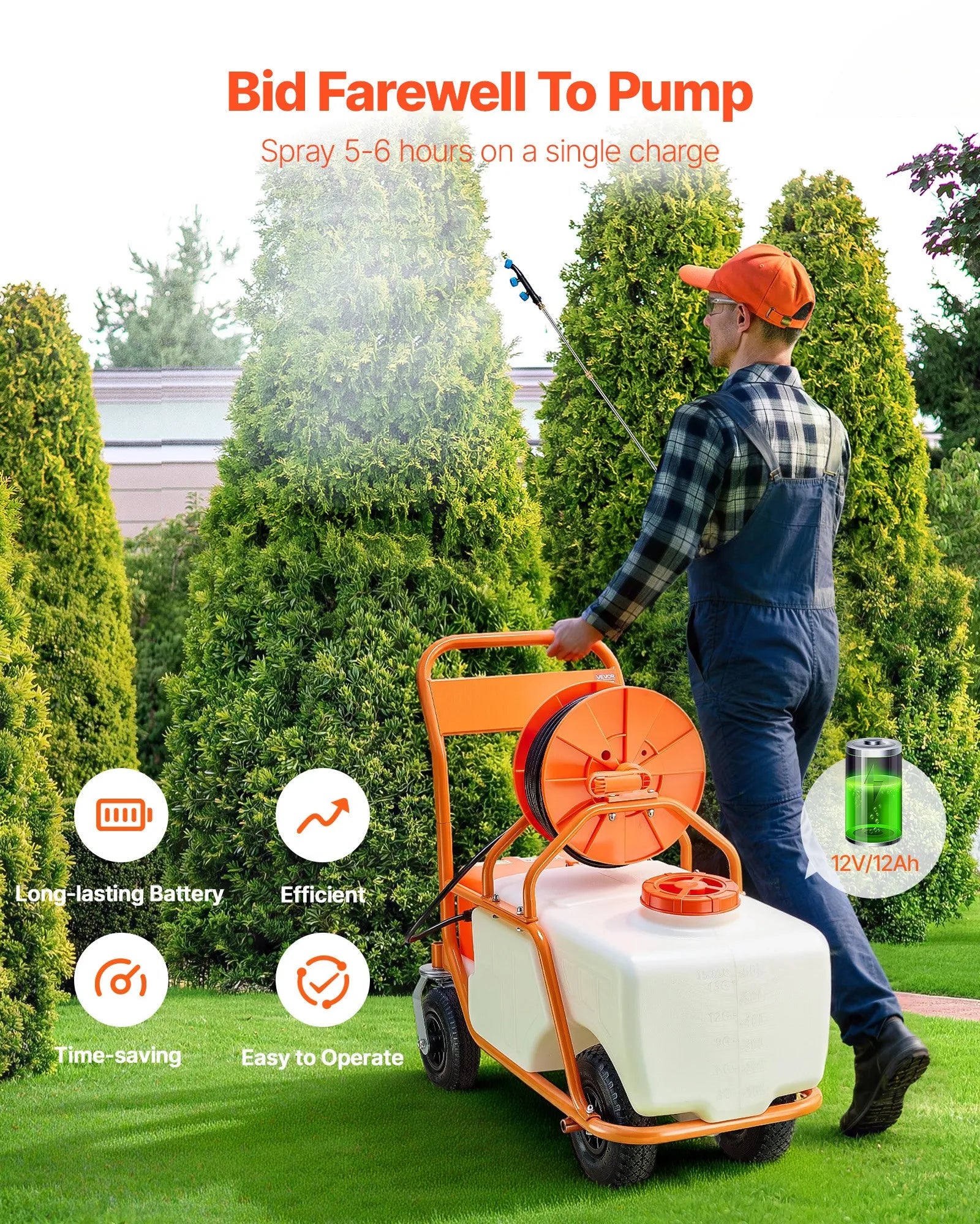 VEVOR Battery Powered Lawn Sprayer on Wheel, 0-90 PSI Adjustable Pressure, 15 Gallon Tank, Cart Sprayer with 8 Nozzles and 2 Wands, 12V 12Ah Battery, Wide Mouth Lid for Weeding, Spraying