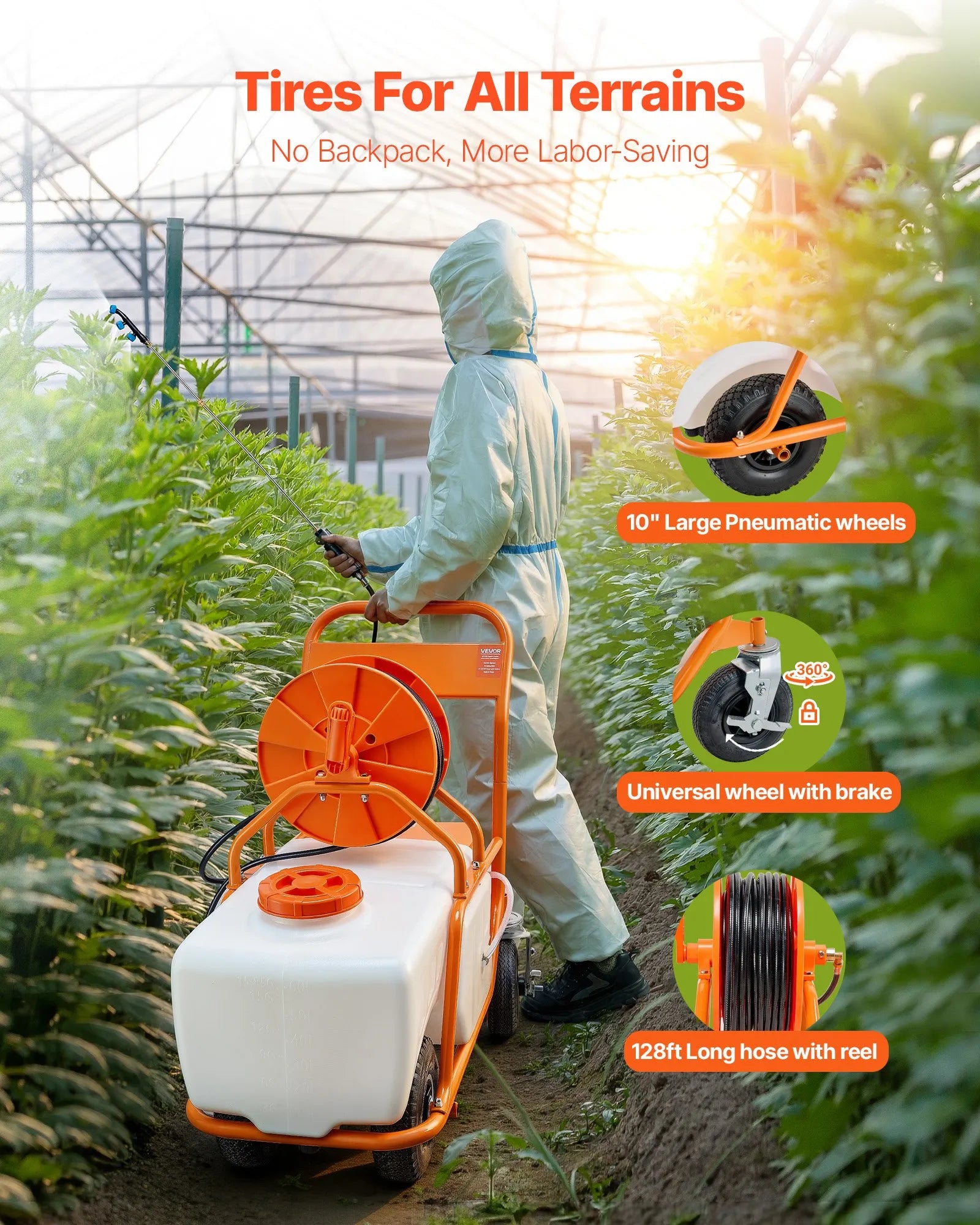 VEVOR Battery Powered Lawn Sprayer on Wheel, 0-90 PSI Adjustable Pressure, 15 Gallon Tank, Cart Sprayer with 8 Nozzles and 2 Wands, 12V 12Ah Battery, Wide Mouth Lid for Weeding, Spraying