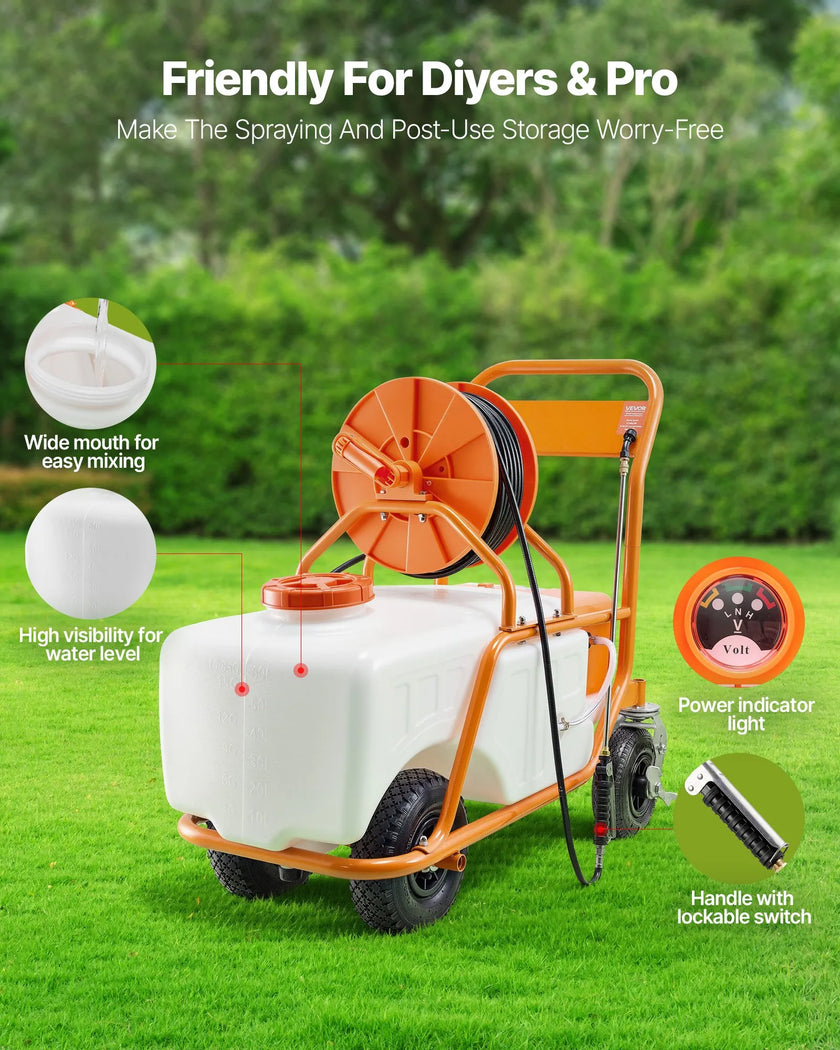 VEVOR Battery Powered Lawn Sprayer on Wheel, 0-90 PSI Adjustable Pressure, 15 Gallon Tank, Cart Sprayer with 8 Nozzles and 2 Wands, 12V 12Ah Battery, Wide Mouth Lid for Weeding, Spraying